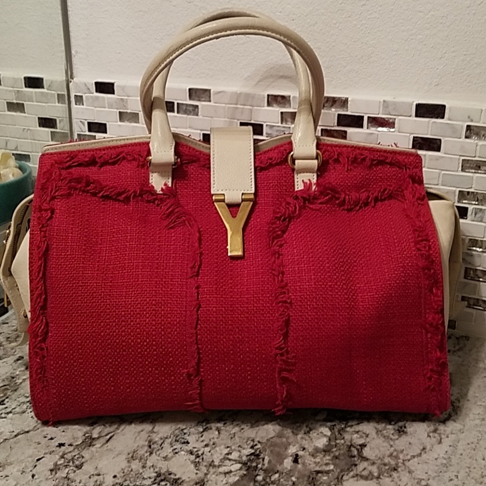 Red Rare YSL Cabas Yves Saint Laurent Cabas Chyc Leather Tweed